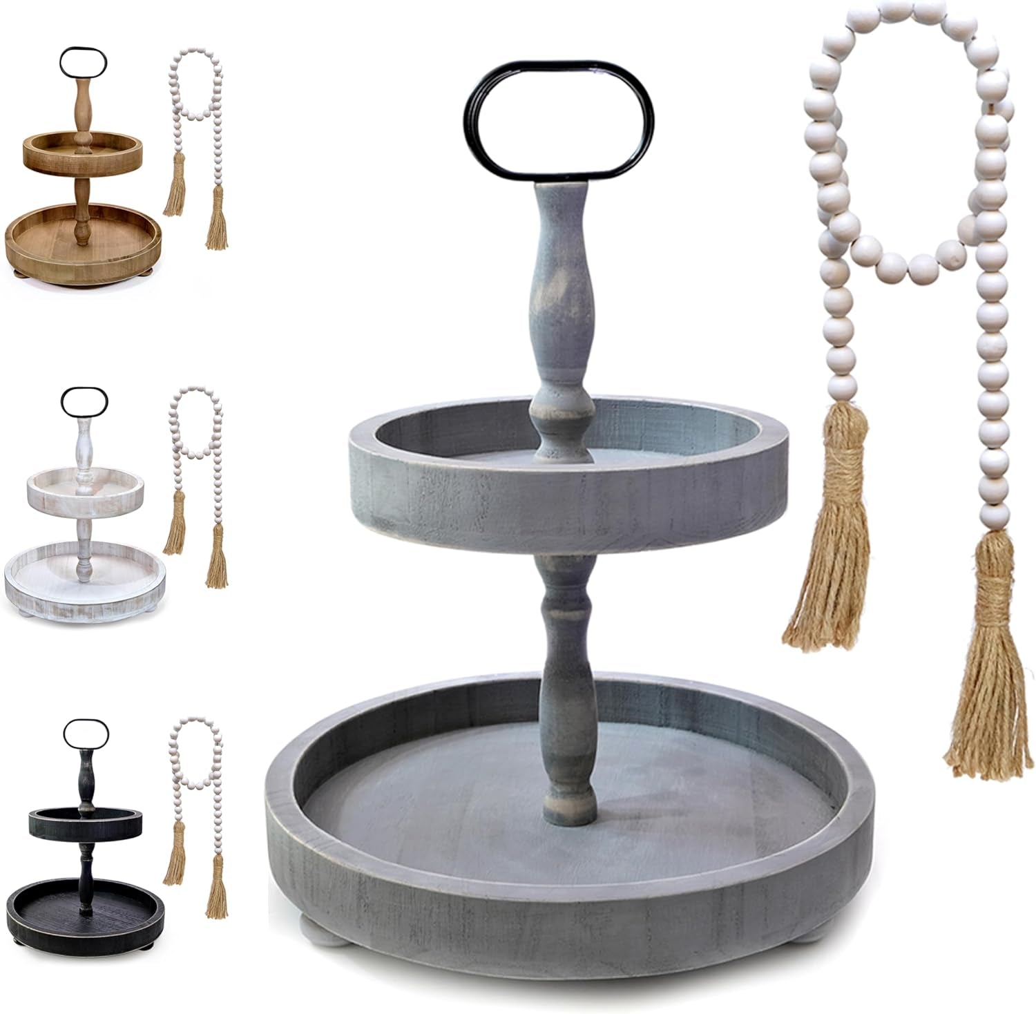 Elegant Gray Wooden Farmhouse Tiered Tray with Beads - 2-Tier Display Stand for Home Decor, Coffee Table, and Kitchen