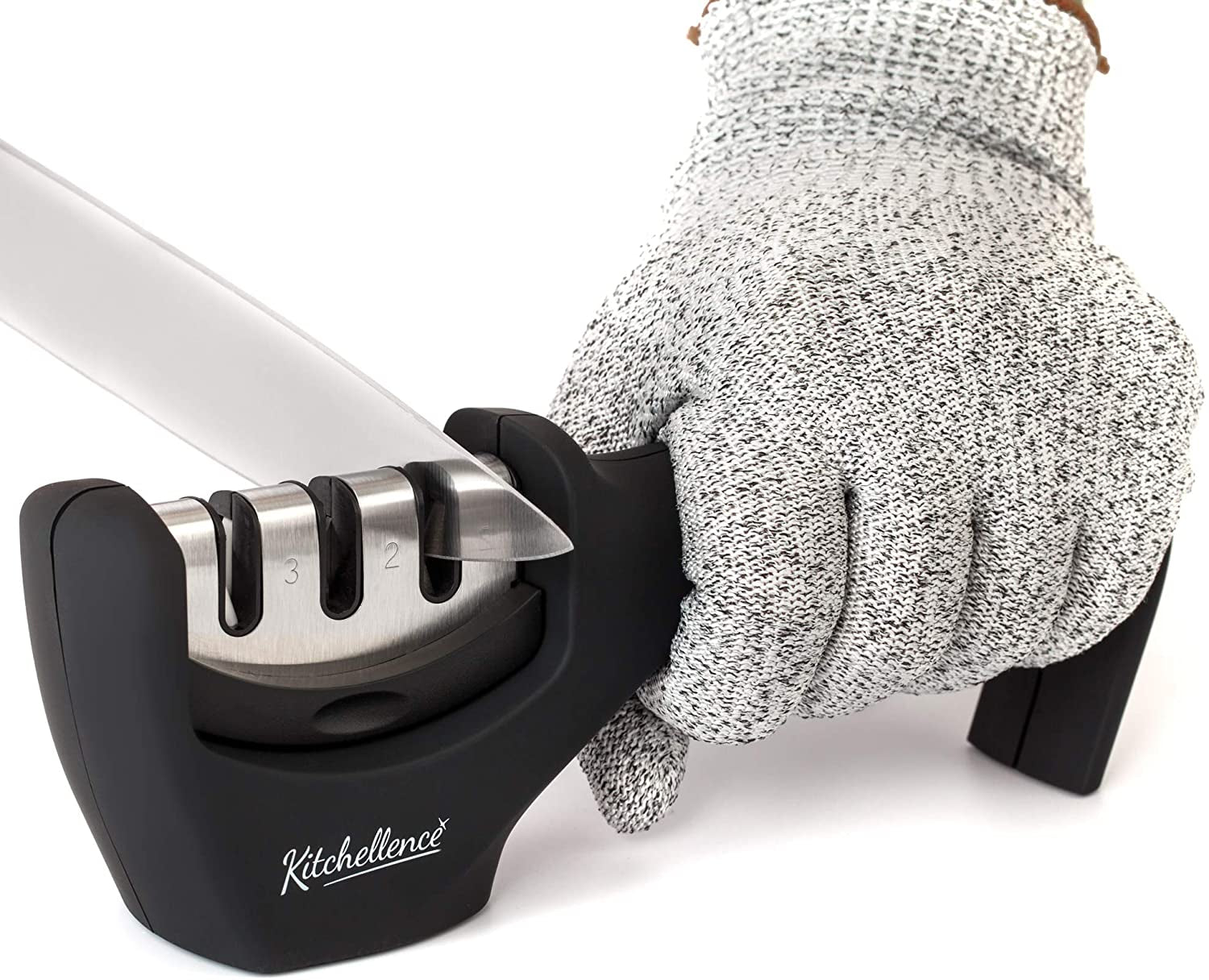 4-in-1 Kitchen Knife Accessories: 3-Stage Knife Sharpener for Blade Repair, Restoration, and Polishing with Cut-Resistant Glove (Black)