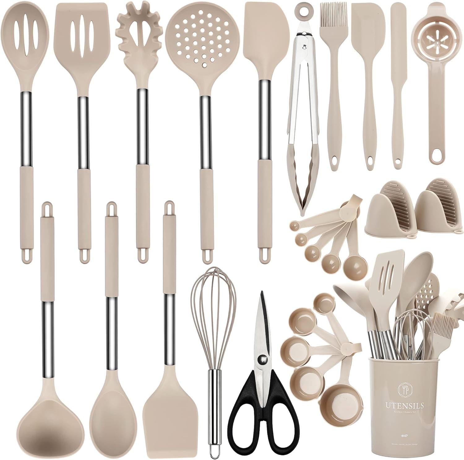 28-Piece Silicone Kitchen Utensils Set with Holder, Including Spatulas, Whisk, Scissors, Measuring Cups and Spoons with Stainless Steel Handles (Khaki)