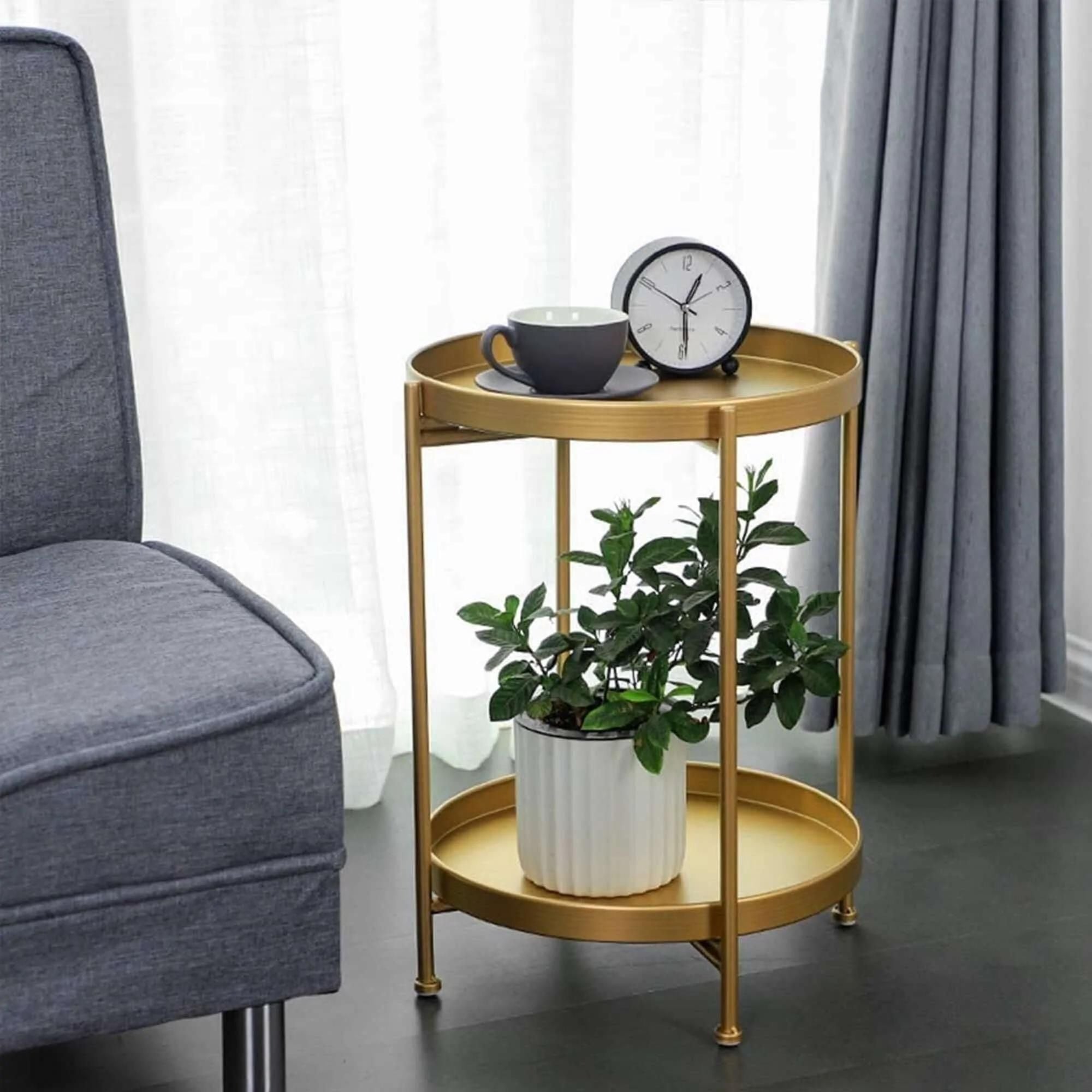 Gold Folding End Table 2-Tier Metal Round Side Table with Removable Tray (15.2”Dx20”H)