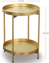 Gold Folding End Table 2-Tier Metal Round Side Table with Removable Tray (15.2”Dx20”H) - Robeet